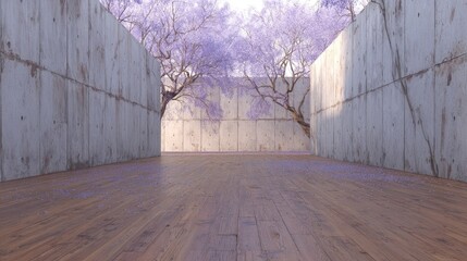 Modern architectural interior with wooden floor and concrete walls under trees