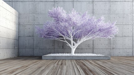 Abstract purple tree in minimalist interior with concrete and wooden textures
