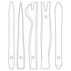 Vector illustration of automotive interior repair tools. Isolated on white. Black line design. Tool set.