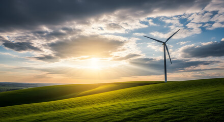 Fototapeta premium Sunset over Verdant Hills and Solitary Wind Turbine