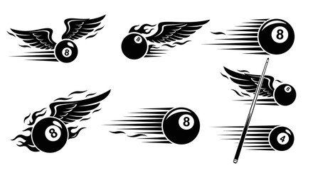 Dynamic Billiard Eight Ball with Wings and Motion Lines, Fast Pool Game Elements, Black and White © Joyo