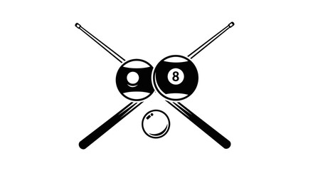 Crossed Billiard Cues and Two Pool Balls (Eight Ball, Cue Ball) Icon, isolated white background.