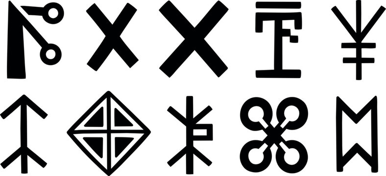 Flat design twelve black glyph symbols in two rows abstract rune icons high contrast minimalist graphic on white vector set arranged