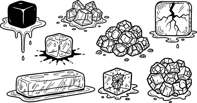 Black and white line art illustration of melting and cracked ice cubes with different shapes and melting puddles in hand drawn style