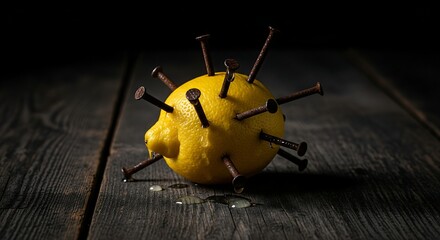 Lemon pierced with multiple rusty nails on wooden surface