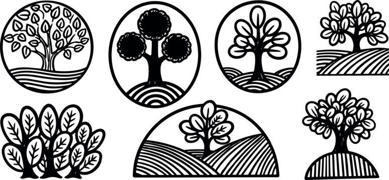Black and white hand drawn circle tree icon set with various foliage and landscape elements in simple line art style