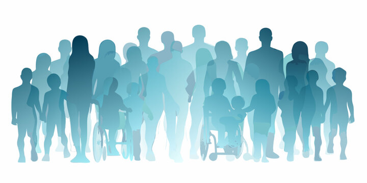 Silhouettes of a diverse group of people including children and a person in a wheelchair