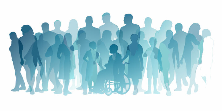 Abstract blue silhouettes of a diverse group of people including a wheelchair user