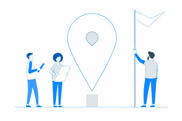 People interacting with a location marker and flag in a minimalist style © Sanjoy