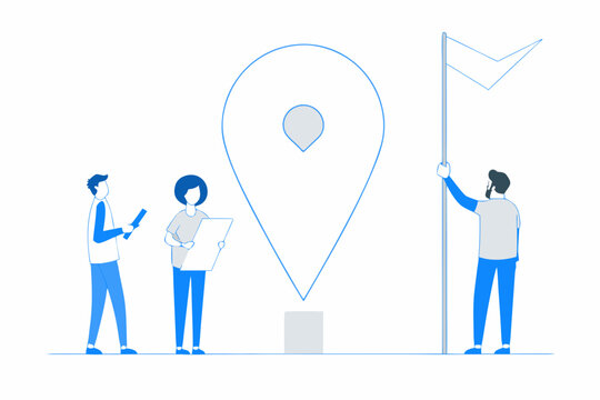 People interacting with a location marker and flag in a minimalist style