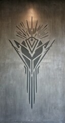 Ornate geometric emblem carved into a textured metallic surface.