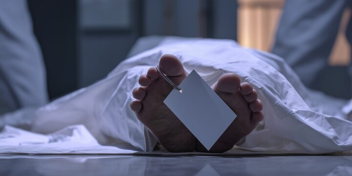 Body on a table with identification tag in a morgue during an autopsy procedure at night