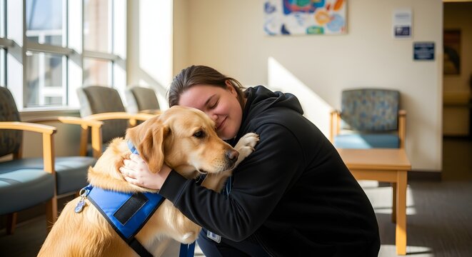 A person hugging a large, comforting therapy dog in a hospital or school setting.