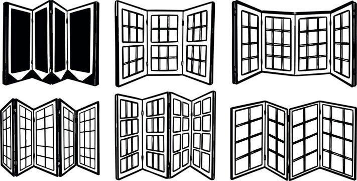 Hand drawn black and white collage of vintage folding window frames in multiple configurations detailed line art style