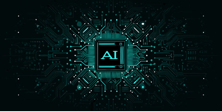 Artificial intelligence circuit board with glowing teal lines and central ai label