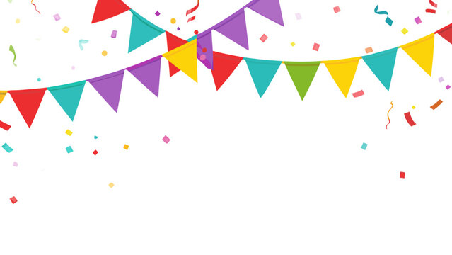 Colorful party bunting and confetti against a dark black background