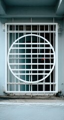White geometric metal grate protects a window with a circular design.
