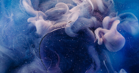 Underwater mist. Ink glitter blend. Defocused blue purple color broken glass cloud splash shimmer...