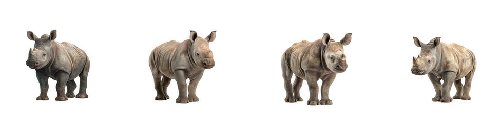 Fototapeta premium Four rhinoceroses in varying poses are displayed ideal for design projects on transparent background high quality