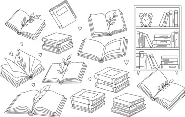 Hand drawn book and library outline icons set with open books, stacks, bookshelf, and reading decoration elements