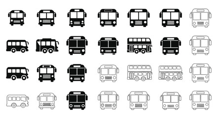 Collection of various bus icons in black and white arranged in rows © MdSamsuzzaman