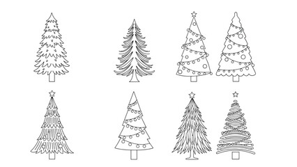 Obraz premium Various styles of christmas tree outlines including decorated versions with ornaments and stars for holiday cards or winter festive designs.