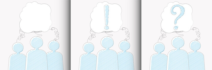  Group of people question and solution, thoughts, groupthink, team building icons. Advertising layout, sheets, web, social media, web, greeting cards background, banner, flyer.