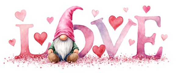 Watercolor gnome with pink hat sitting among LOVE letters and hearts on white background. Valentine's Day card