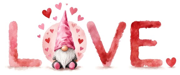 Watercolor gnome with pink hat sitting among LOVE letters and hearts on white background. Valentine's Day card