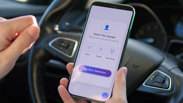 Sleek mobile registration sequence showing non-binary gender selection. Modern app interface with smooth progress loader and success confirmation. Ideal for tech startups, SaaS promos, and digital