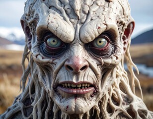 Close-Up Portrait of Humanoid Creature with Wooden Skin Texture