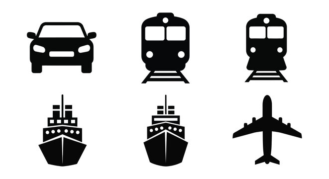 Black silhouette icons depicting various modes of transportation car train ship and plane