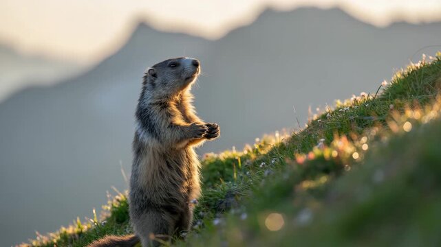 Cute marmot standing alert on rocky mountain ledge at sunrise