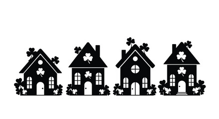 Fototapeta premium Four stylized black silhouettes of houses with clover decorations