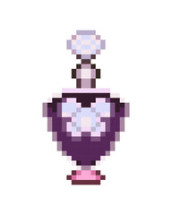 Obraz premium Vector icon for medieval-style fantasy RPG games. Alchemistry. Potion bottle with butterfly emblem in pixel art style. High narrow glass vial. Soft lavender, light blue, pastel violet purple and blush
