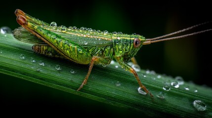 Close-up of a vibrant green grasshopper resting on a blade of grass adorned with droplets, showcasing intricate details and textures in nature's design