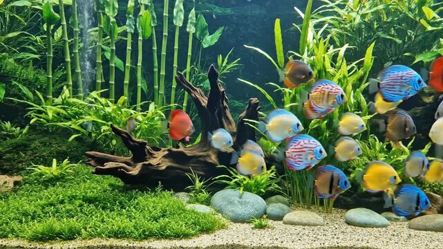Vibrant tropical fish swim among lush aquatic plants in a bright, well-lit planted aquarium, alive!!