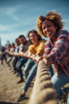 Diverse team pulling a rope together in bright outdoor challenge. Energetic teamwork moment symbolizing unity, effort, strength, and collaboration.