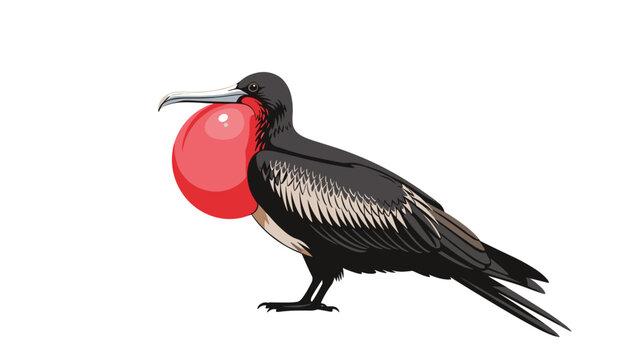 Magnificent frigatebird with its large red throat pouch inflated standing against a plain white background.