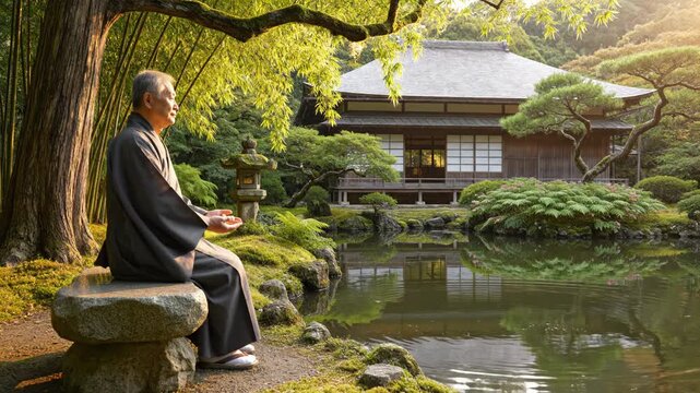 Serene japanese garden scene with a monk sitting on a stone bench by a pond
