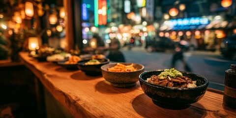 Fototapeta premium Bulgogi served with rice and classic Korean banchan, laid out on a wooden counter. Cozy Korean restaurant interior with neon reflections and warm atmosphere.