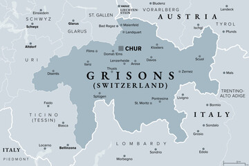 Obraz premium Canton Grisons, Switzerland, gray political map with capital Chur. Largest and easternmost canton, and major tourist destination with numerous Alpine resort towns, notably Davos and St. Moritz. Vector