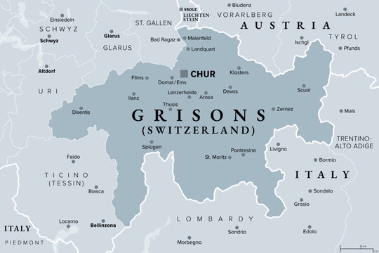 Canton Grisons, Switzerland, gray political map with capital Chur. Largest and easternmost canton, and major tourist destination with numerous Alpine resort towns, notably Davos and St. Moritz. Vector
