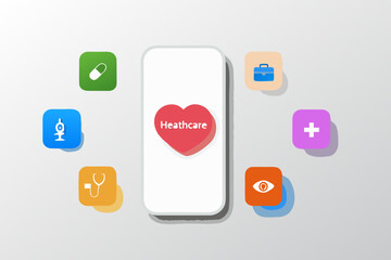 Digital healthcare app interface with medical icons surrounding a smartphone