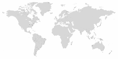 A grayscale world map illustration displaying continents and oceans