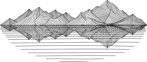Geometric illustration of a mountain range with layered peaks and abstract line art on a plain white background focused