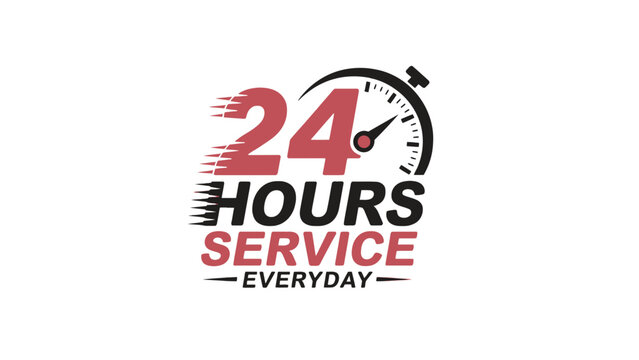 A 24 hour service logo with a speedometer on a white background