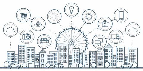 Obraz premium Connectivity concept with a ferris wheel and various digital icons