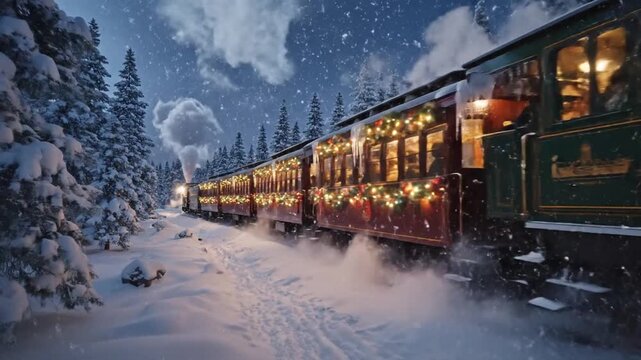 Moonlit steam train threads through a snowbound forest, carriages glow, stars blaze above. tonight!!