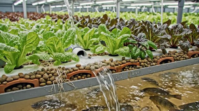 Greenhouse rows of lettuce cradle in hydroponic beds; water streams nourish seedlings.Bright greens